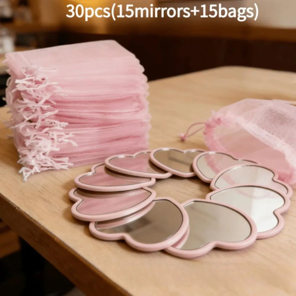 30pcs Heart-Shaped Mini Mirrors – Portable Compact Handheld Makeup Mirrors with Pink Storage Bag for Travel Gifts