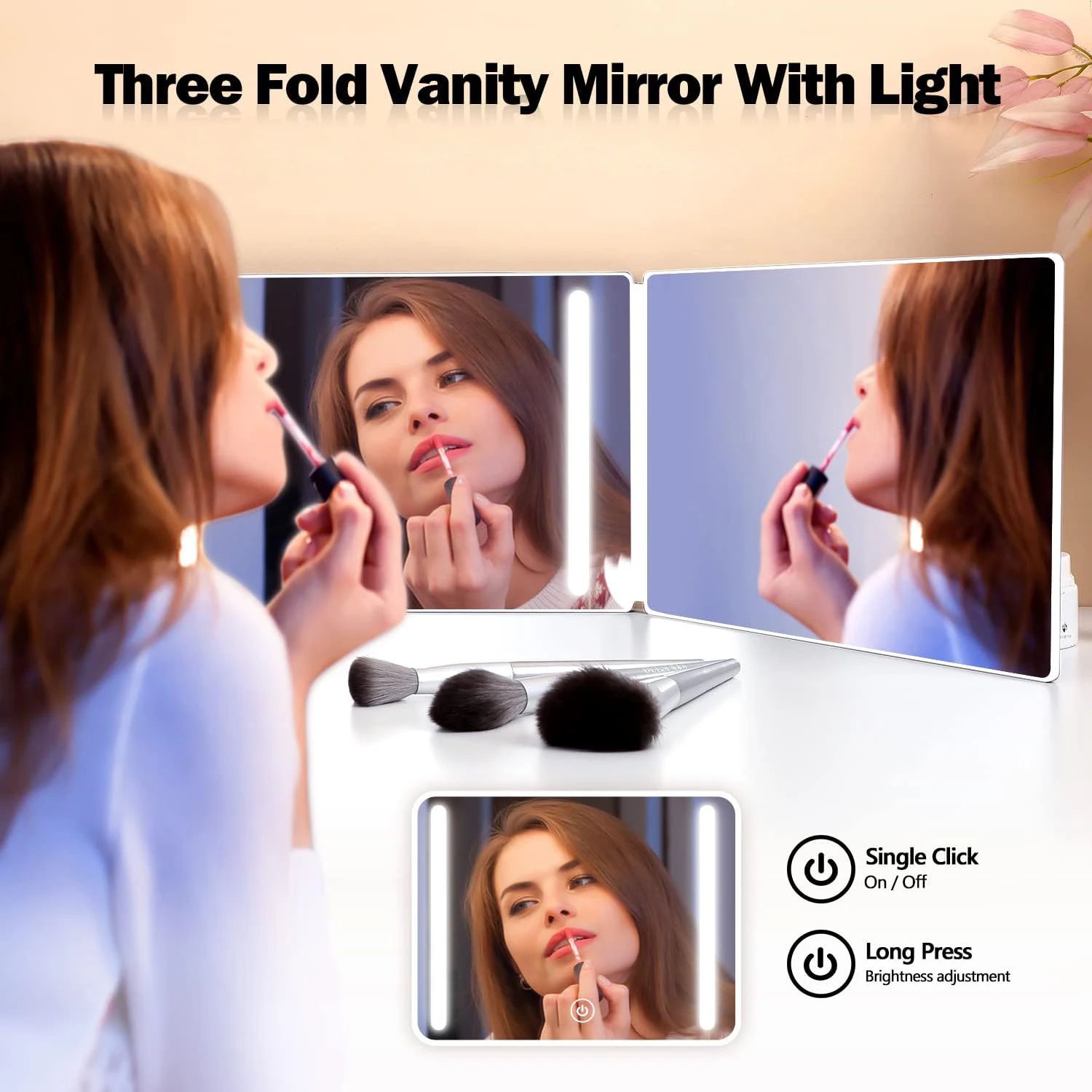 LED Trifold Self Haircut Mirror – Rechargeable 3-Way HD Glass Mirror with Adjustable Height and 360° Swivel for Barberin