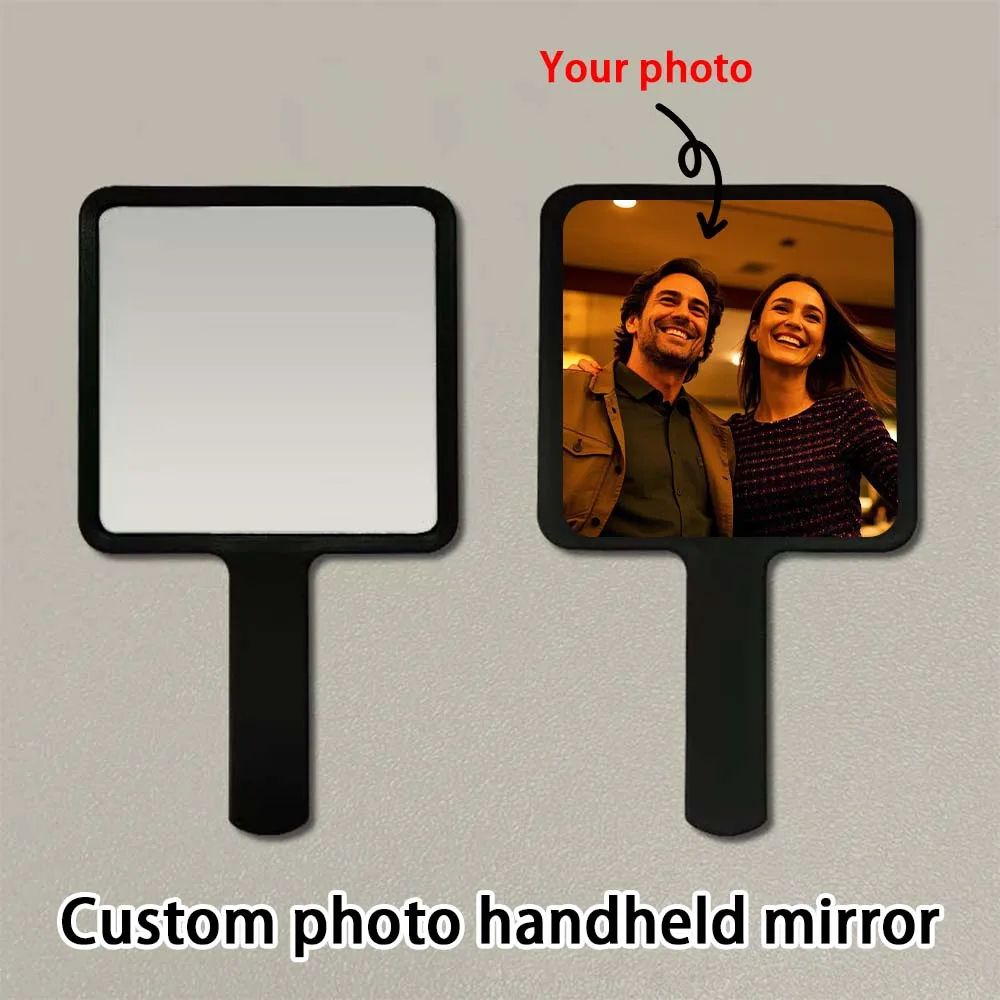 Personalized Photo Handheld Makeup Mirror โ Portable Black Custom Vanity Mirror for Travel Beauty Grooming and Gifts