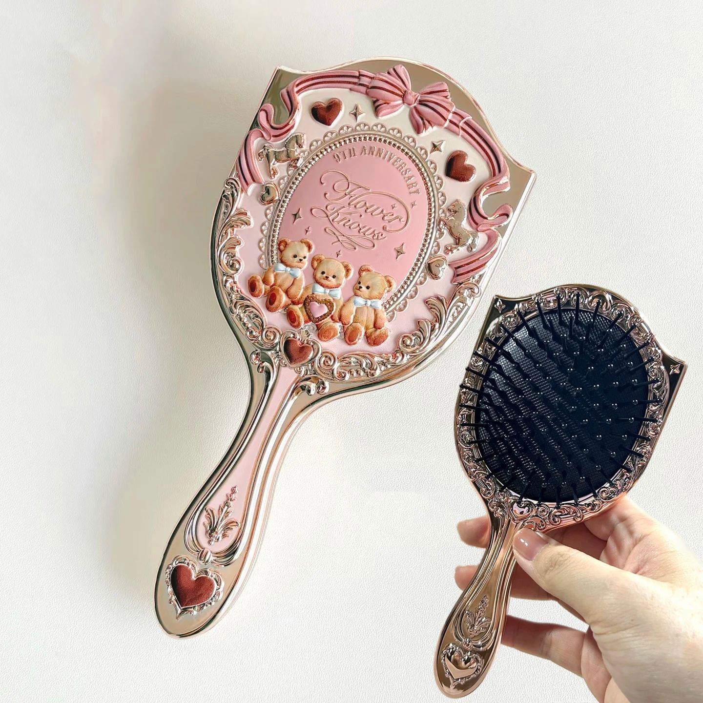 Flower Knows 9th Anniversary Vanity Mirror – Luxury Makeup Desk Set with Paddle Hair Brush & Acrylic Brush Holder Gift