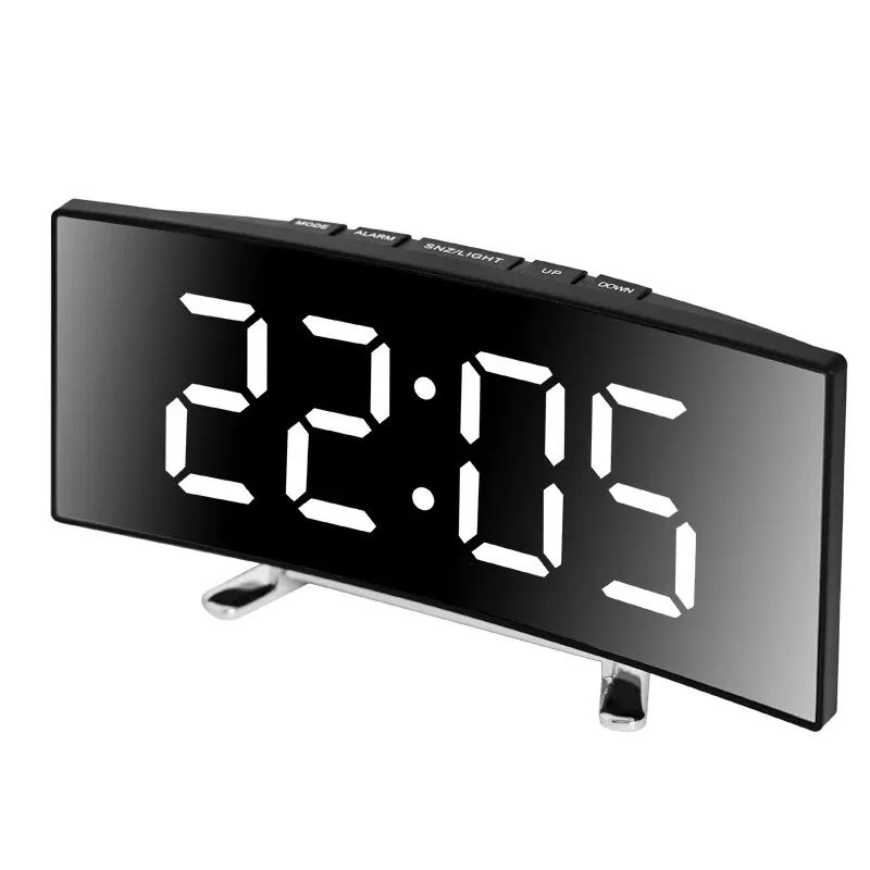 Curved LED Mirror Alarm Clock – Large Digital Display with Snooze, Plug-In & Battery Backup for Bedroom Desk Decor