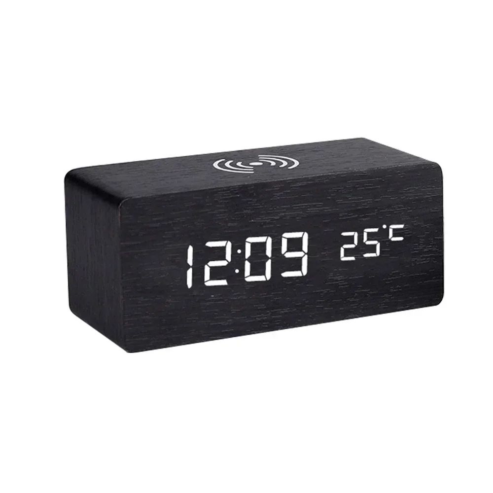 Wooden LED Alarm Clock – Qi Wireless Charging Digital Desk Clock with Thermometer, 3 Alarms & Adjustable Brightness