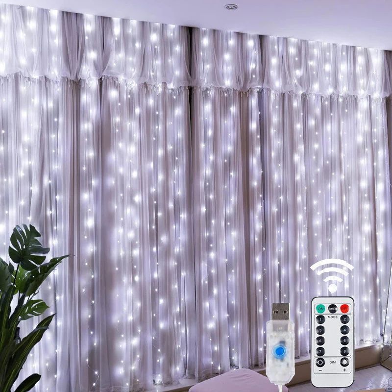 LED Fairy Curtain Christmas Lights – USB Remote 8 Mode Festoon String Lights for Home Wedding Holiday Party Decor