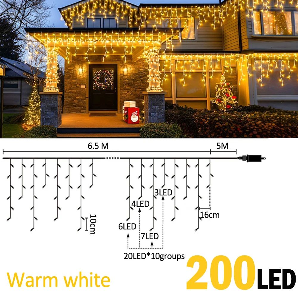 200 LED Icicle String Lights – 21.3 ft Waterproof Christmas Curtain Lights with 40 Drops, 8 Modes, Timer & Memory