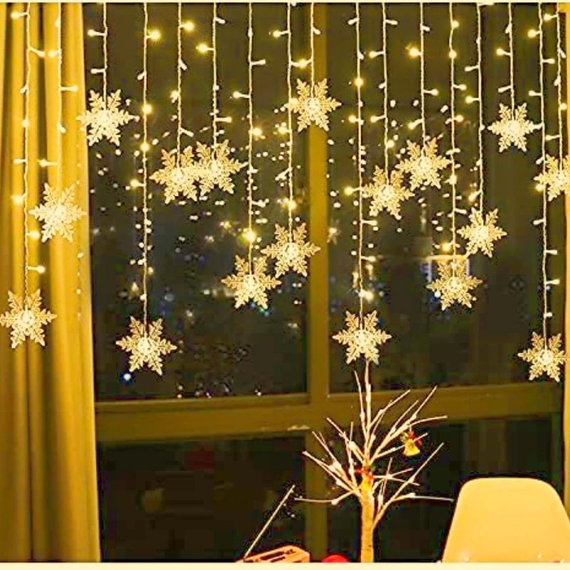 LED Snowflake Curtain String Lights – Festive 220V Hanging Christmas Lights for Windows, Eaves, Weddings & Parties
