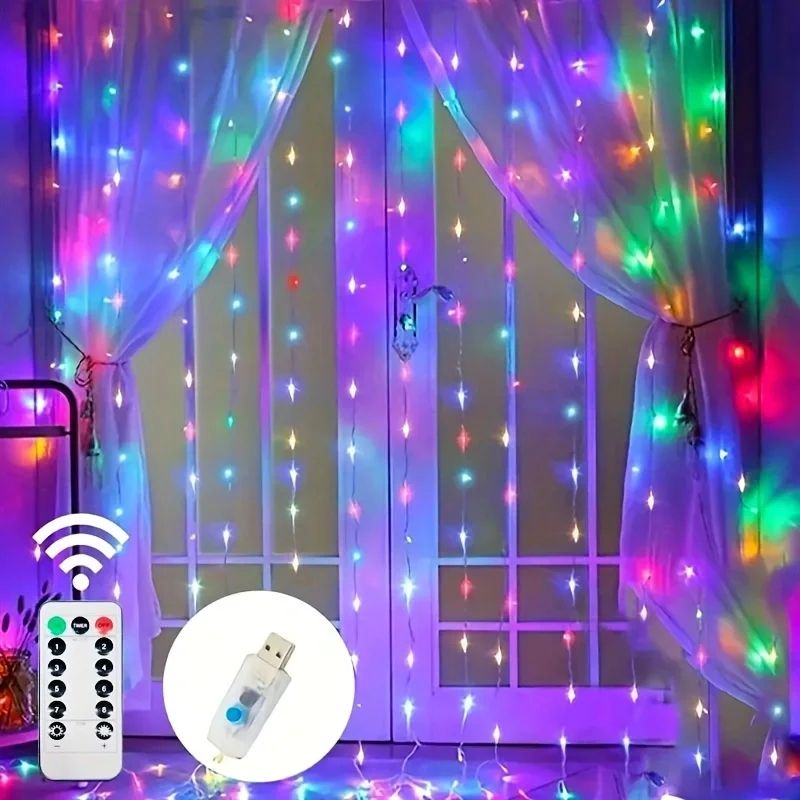 USB LED Curtain String Lights – 8 Mode 5V Holiday Fairy Lights for Christmas Wedding Birthday Party Room Home Decor