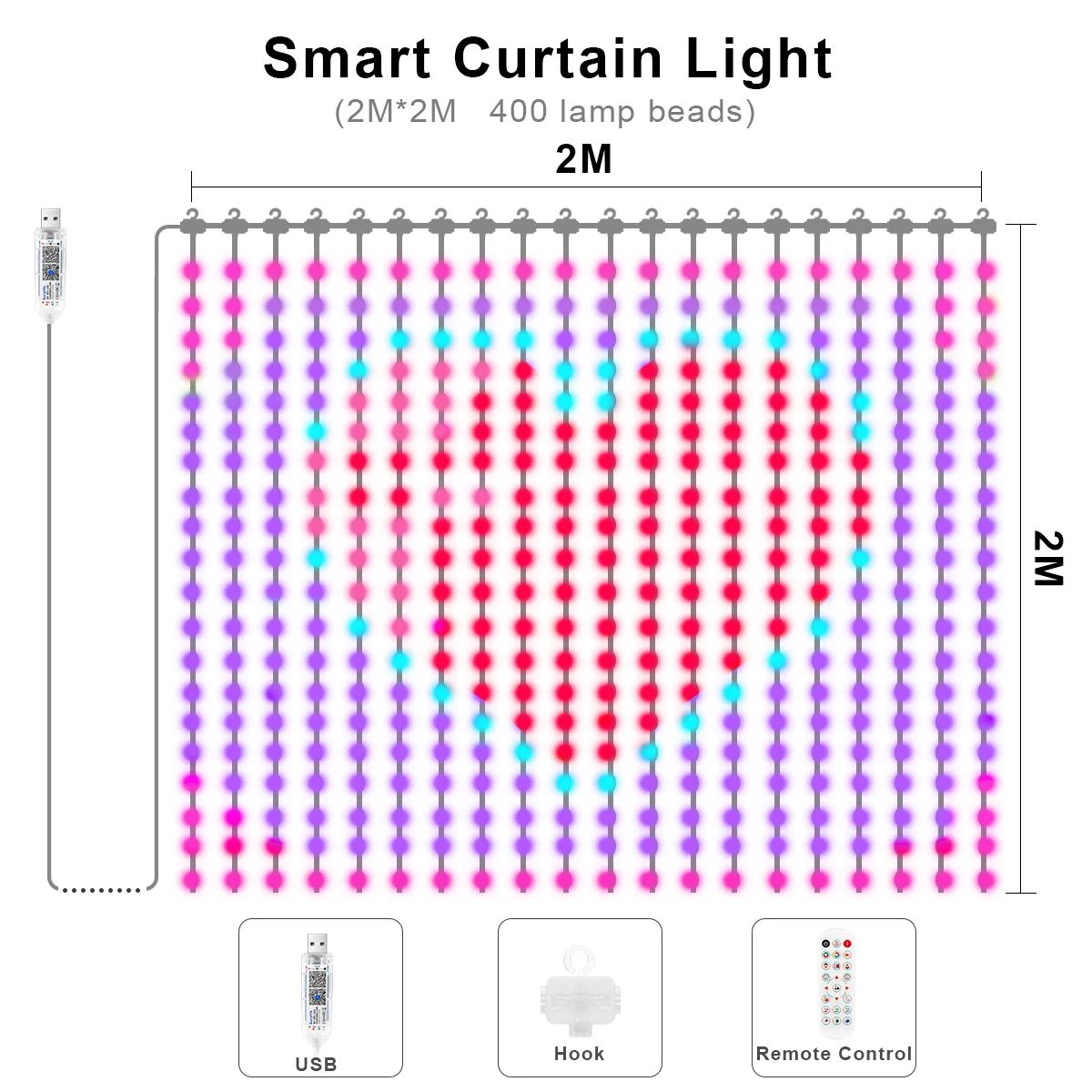 RGB LED Curtain Lights – USB Powered 6.56 x 6.56 ft & 9.84 x 9.84 ft IR Remote Fairy Lights for Window Party Decor