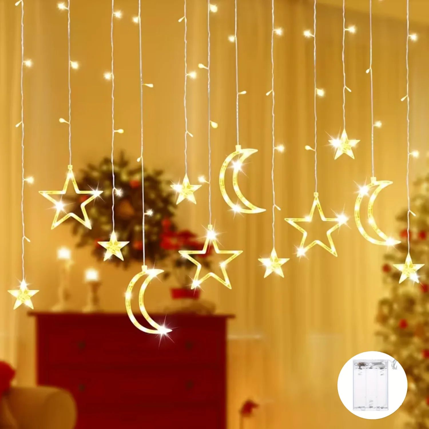 LED Star Moon String Lights – 11.5 ft Battery Powered Warm or Multicolor Fairy Garland for Christmas & Room Decor