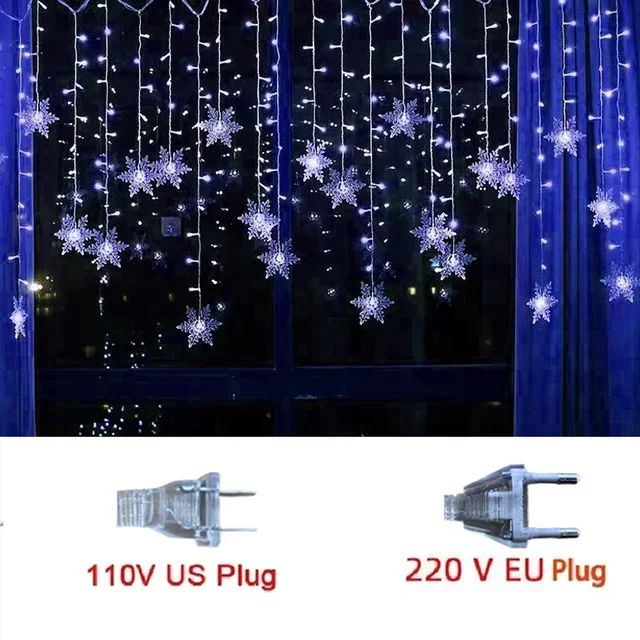 Snowflake LED Christmas Curtain Lights – 8-Mode Waterproof Icicle Fairy Lights for Windows, Indoor & Outdoor Dec