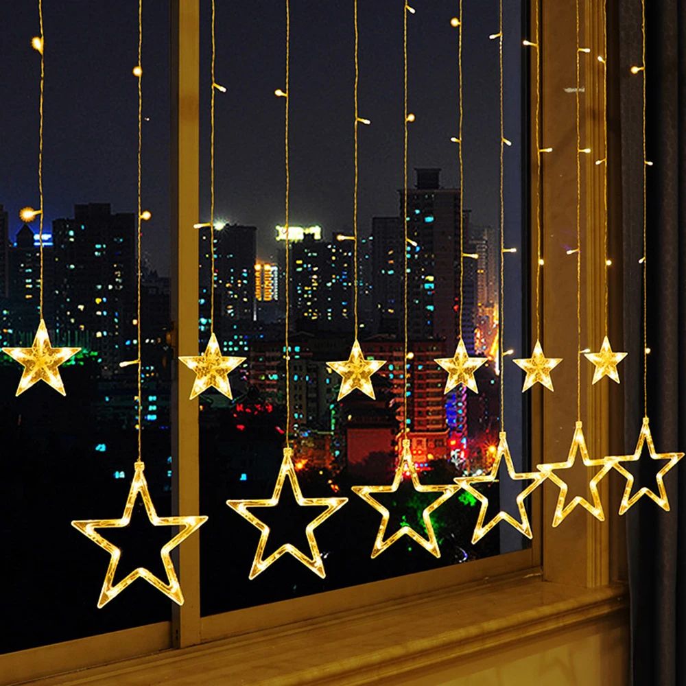 138 LED Star Curtain Lights 8 Modes – Warm White Waterproof String Lights for Ramadan Wedding Christmas Bedroom Decor
