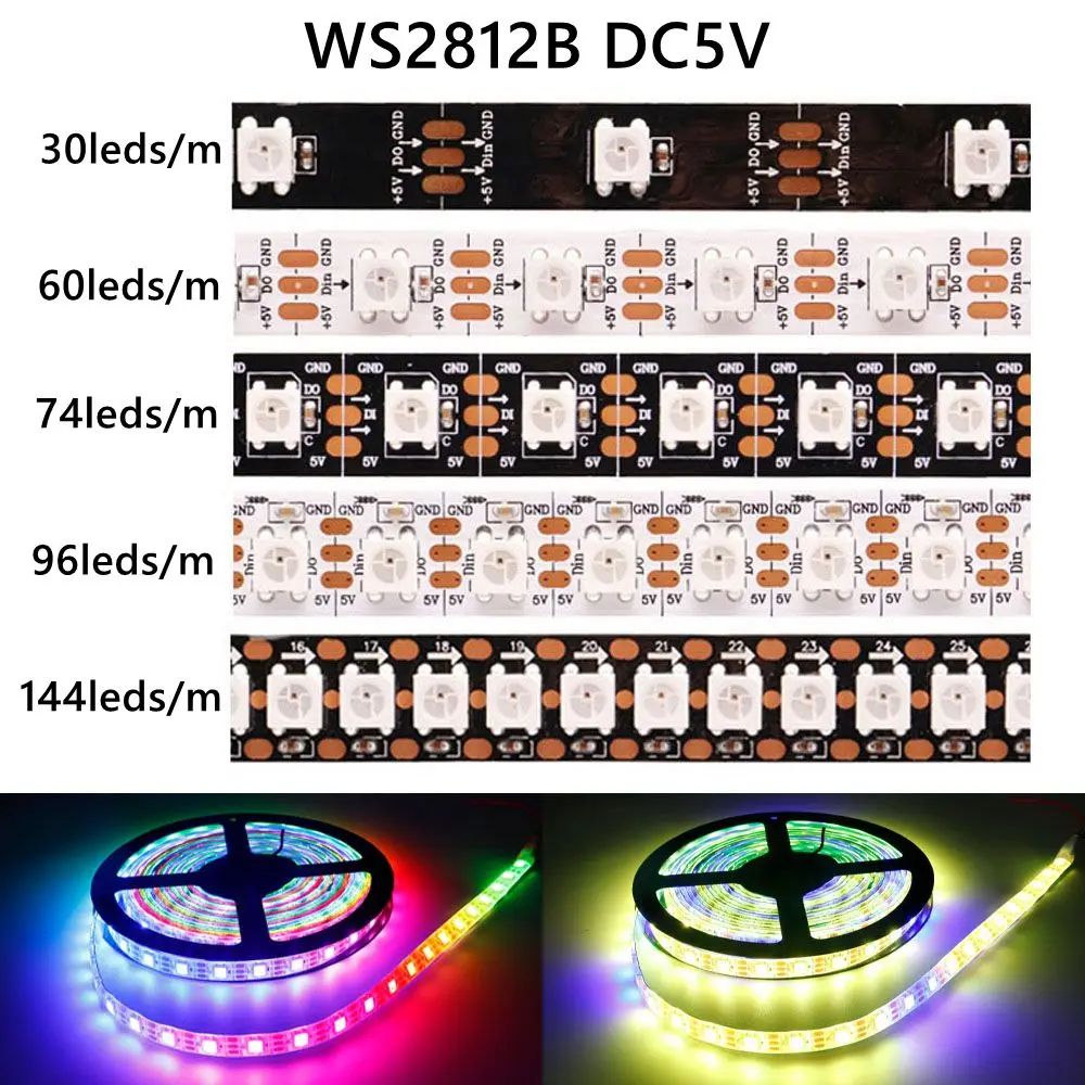 WS2812B Addressable RGB LED Strip Lights – 5V Smart 5050 Dream Color Pixels 30/60/74/96/144LEDs/m Waterproof Options