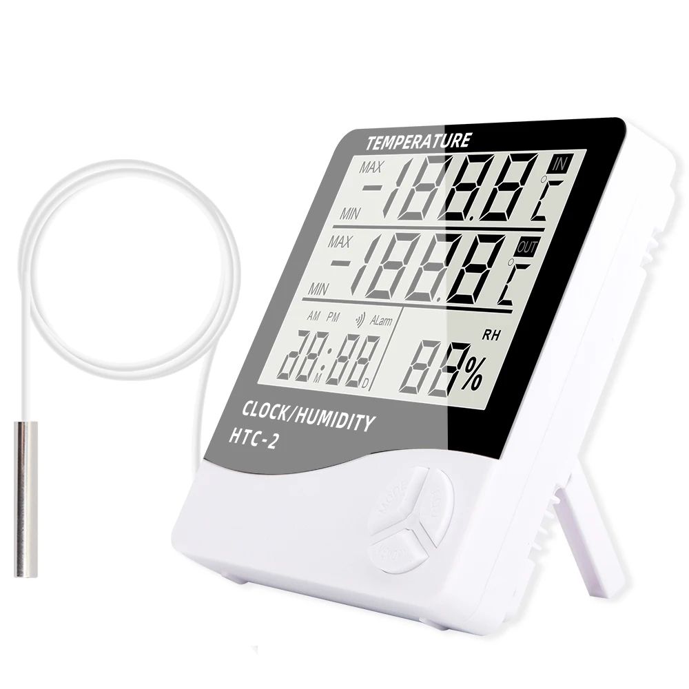 Digital Thermometer Hygrometer – Indoor Outdoor Temperature Humidity Monitor with LCD Clock Alarm & Min Max Memory