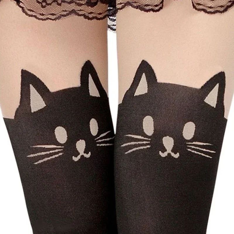 Women Cute Black Cat Printed Knee High Socks Warm, Soft, Over the Knee Romantic Cat Themed Socks