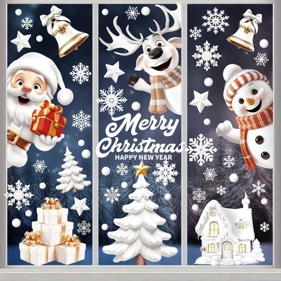 Festive Double-Sided Christmas Window Clings – 9 Sheets Reusable PVC Stickers with Santa, Snowman & Holiday Designs
