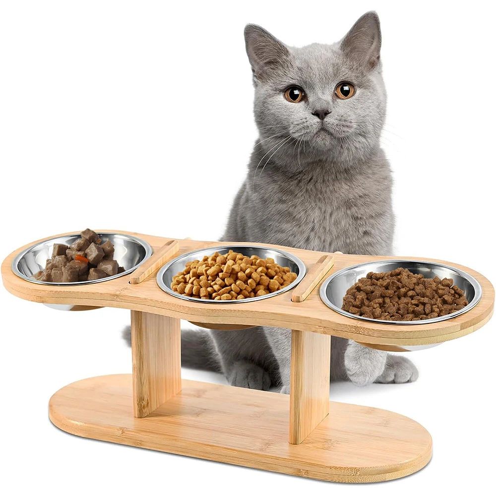 Cat Food Riser Three Bowl Raised Cat Feeder Set | Inspire Uplift