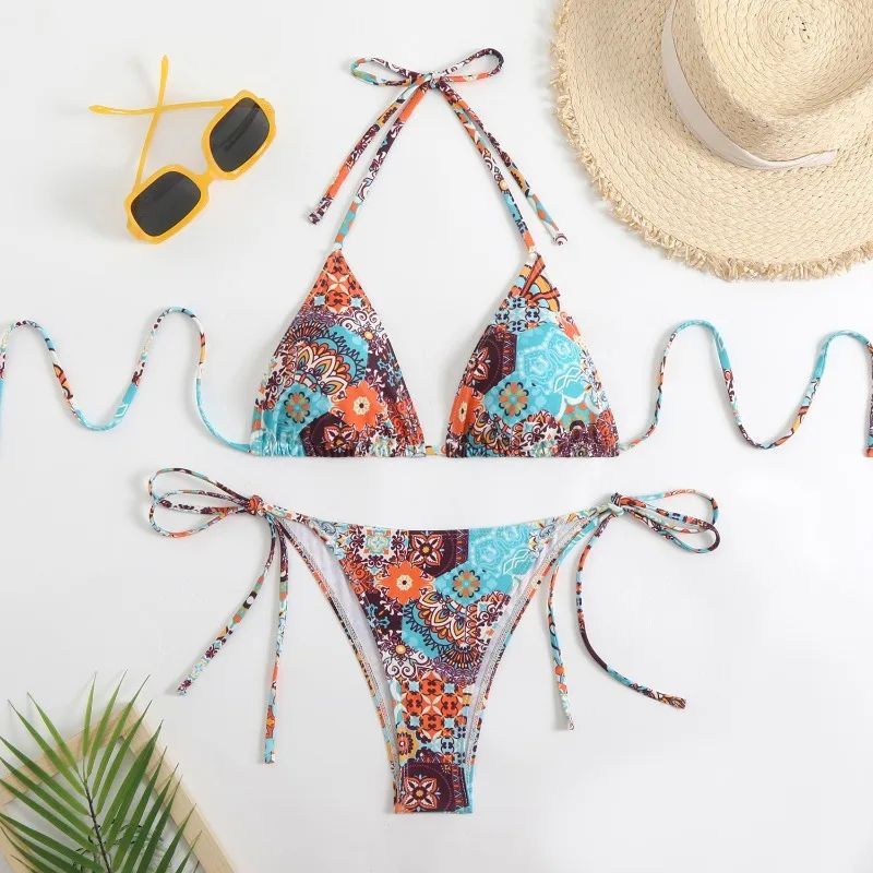 Circyy Floral Print Lace-Up Backless Bikini Set for Women