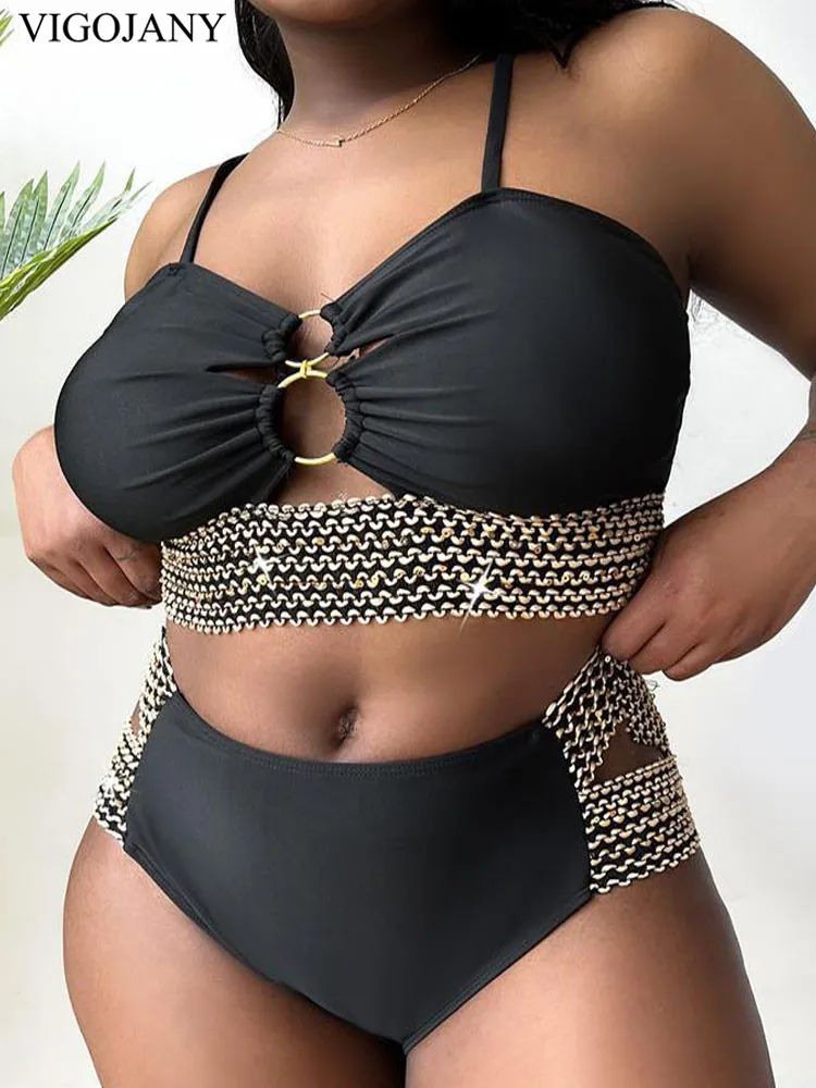 VigoJany Patchwork Hollow Plus Size Bikini Set