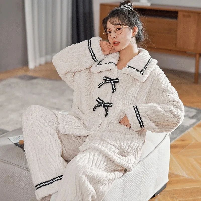 Women Autumn Winter Thick Warm Pajama Set 2 Pieces