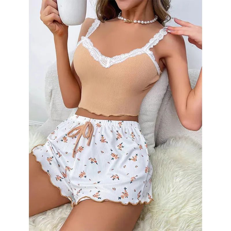 Women Lace Patchwork V Neck Pajama Set with Cami and Shorts
