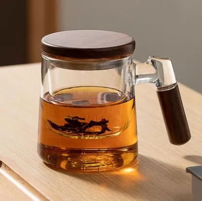 400ml Glass Tea Cup with Walnut Handle and Filter