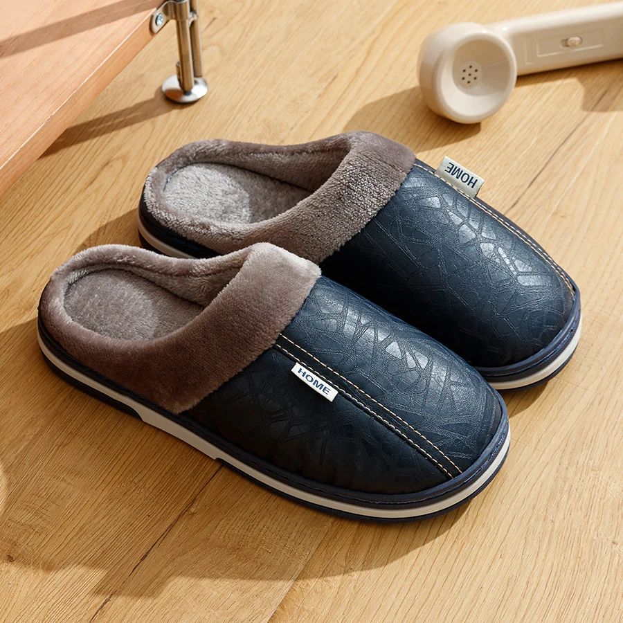 Mens Winter PU Leather Fur Lined Home Slippers
