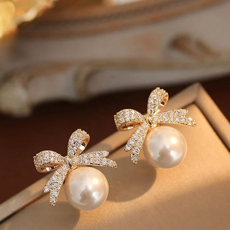 Rhinestone Bow Pearl Stud Earrings Elegant Womens Jewelry