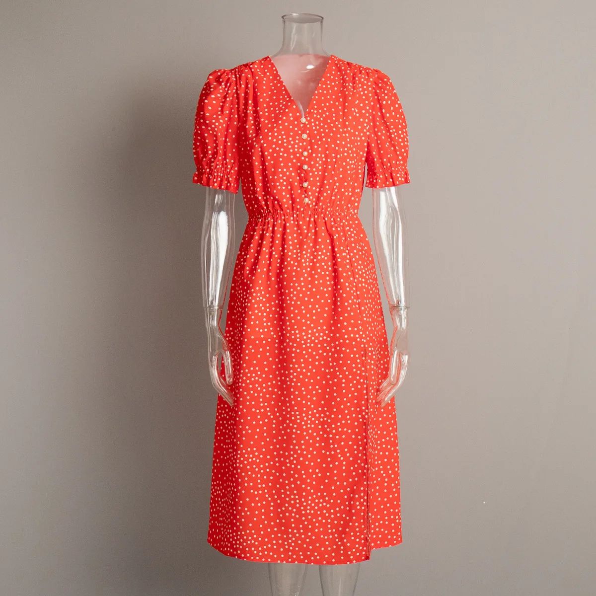 Women Red Polka Dot V Neck Casual Office Maxi Dress