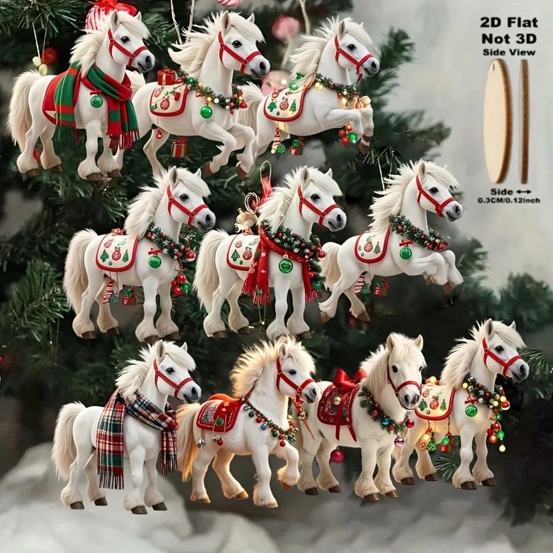 White Wooden Horse Christmas Tree Ornaments Set 10pcs