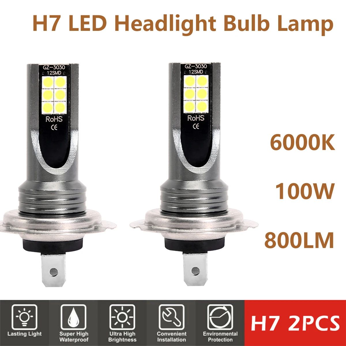 2pcs H7 LED Headlight Bulbs 6000K Super Bright Fog Lights