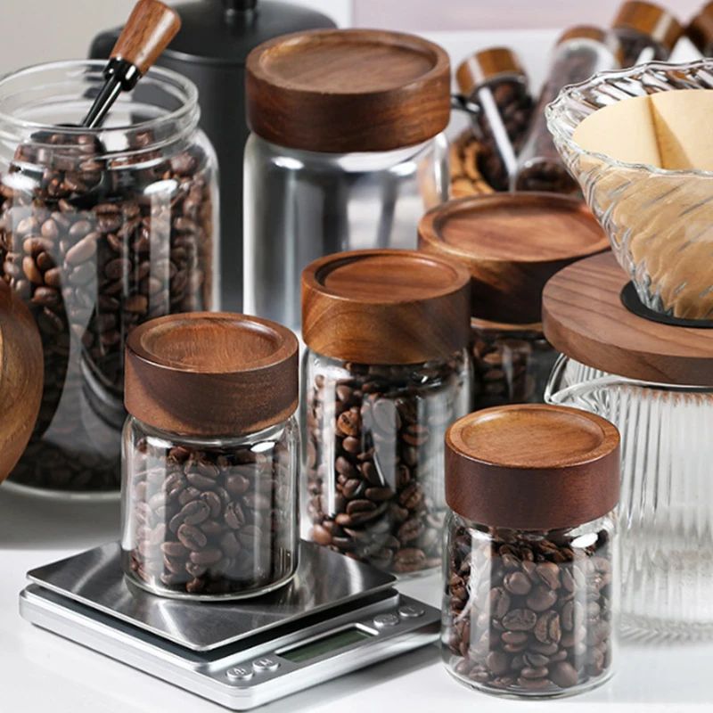 Airtight Glass Storage Jar with Wooden Lid Coffee Bean Conta | Inspire ...