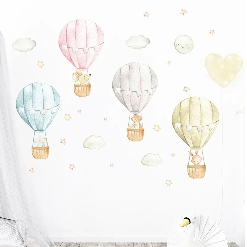Watercolor Hot Air Balloon Animal Wall Stickers for Kids Nursery