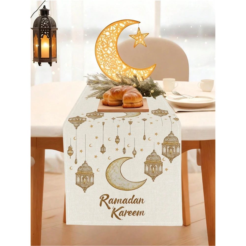 Ramadan Kareem Linen Table Runner Moon Lantern Decor