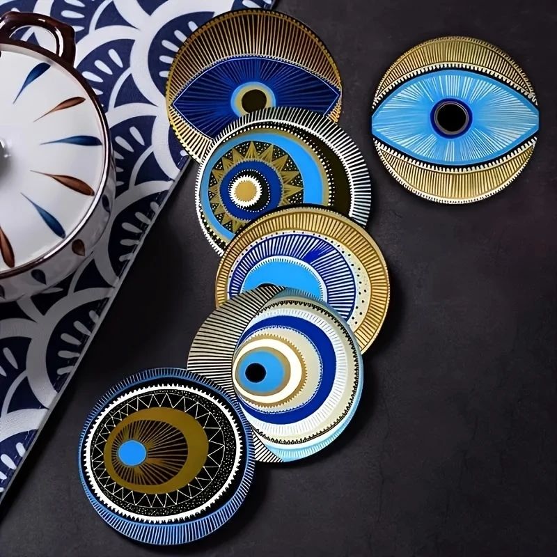 Wooden Evil Eye Coasters Set with Insulation