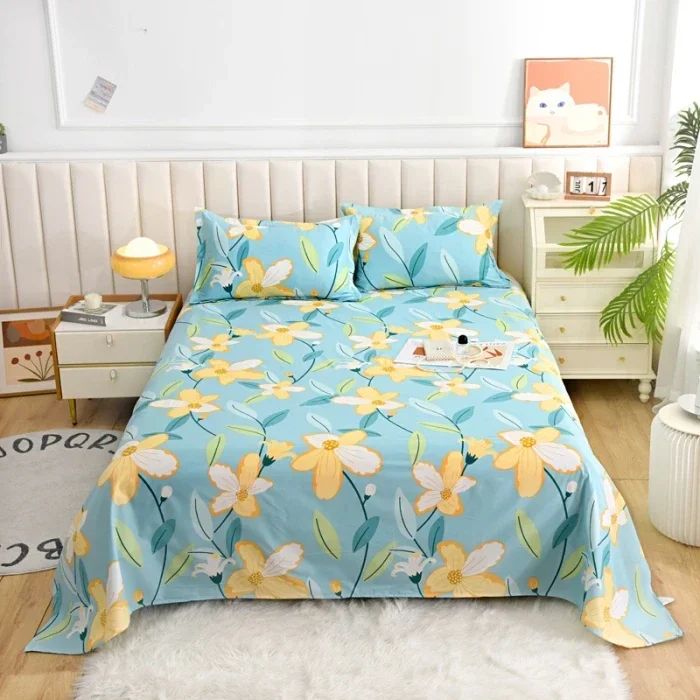 Red Floral Printed Flat Bed Sheet for Single Double Queen and King Beds