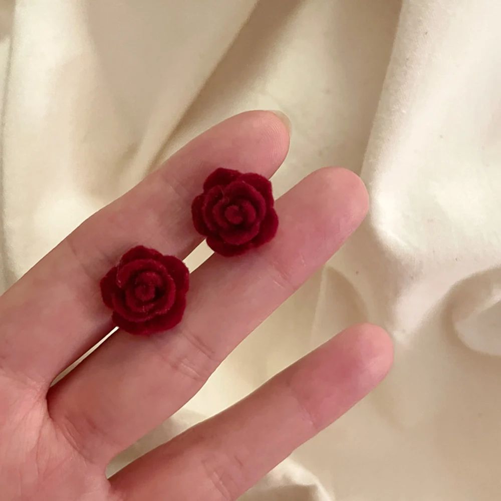 Vintage Wine Red Flocked Rose Stud Earrings