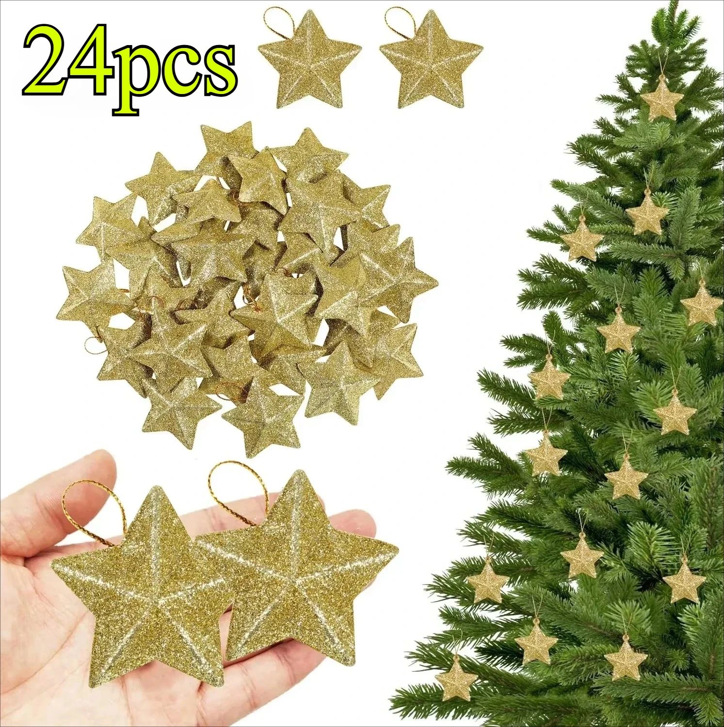 24 Piece Gold Glitter Star Christmas Ornaments