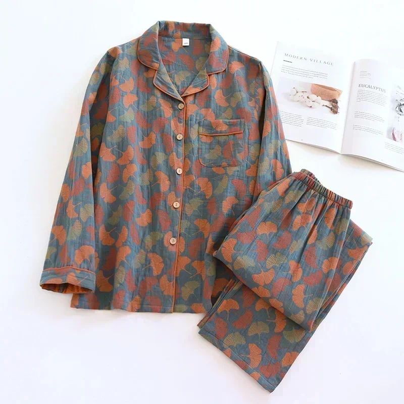 Women Cotton Crepe Pajama Set with Floral Leaf Print