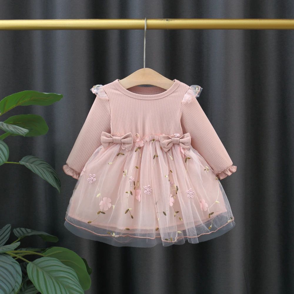 Baby Girl Pink Knit Dress with Flower Embroidery and Long Sleeves