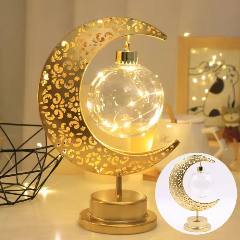 Elegant Iron Moon & Star Orb Table Lamp - LED Decorative Ambient Light