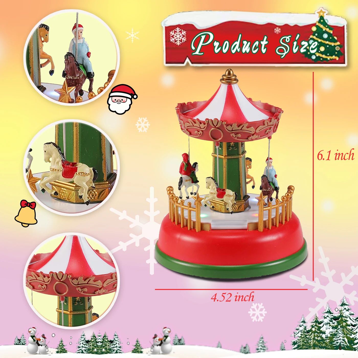 Holiday Carousel LED Music Box - Light-Up Christmas Village Tabletop Decoration