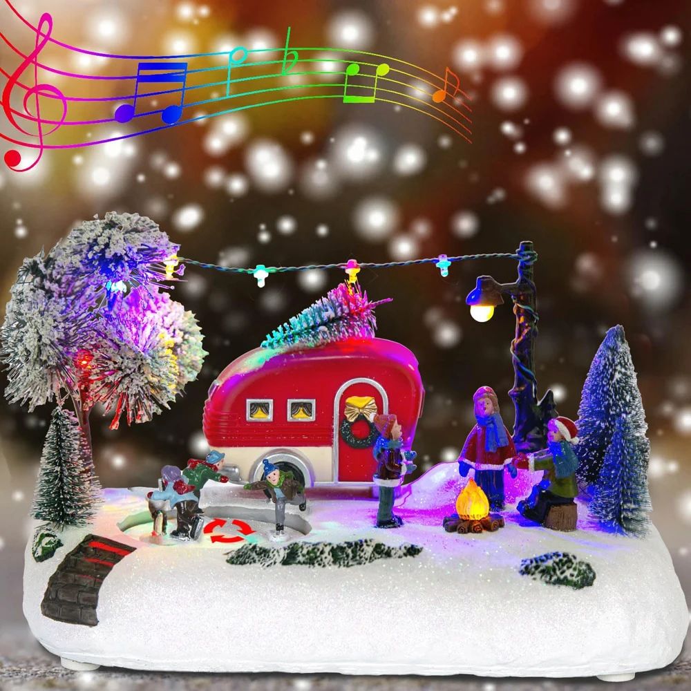 Animated Christmas Camper Village LED House Scene - Holiday Tabletop Display