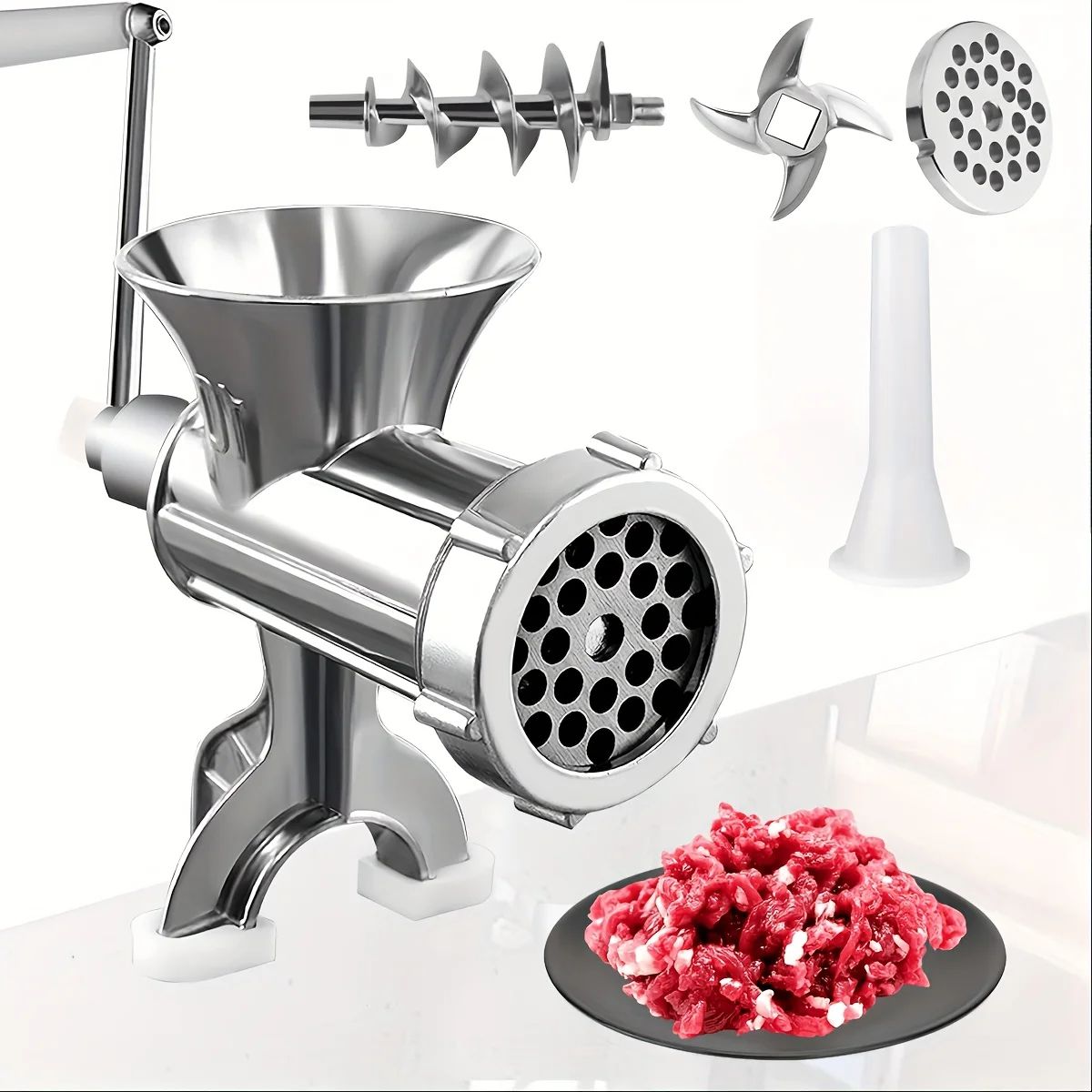 Stainless Steel Manual Meat Grinder with Table Clamp - Hand Crank Food Processor for Meat & Vegetables