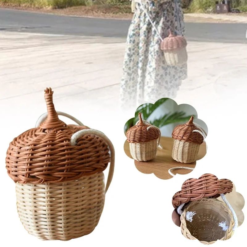 Acorn Rattan Bucket Bag - Handwoven Woven Shoulder Bag for Boho Beach Days & Cute Storage