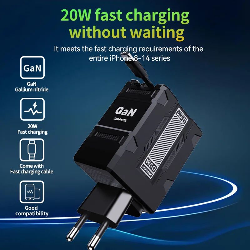 GaN 20W USB-C PD Fast Charger with USB-C to Lightning Support – Compact Travel Wall Adapter (EU/US/UK)