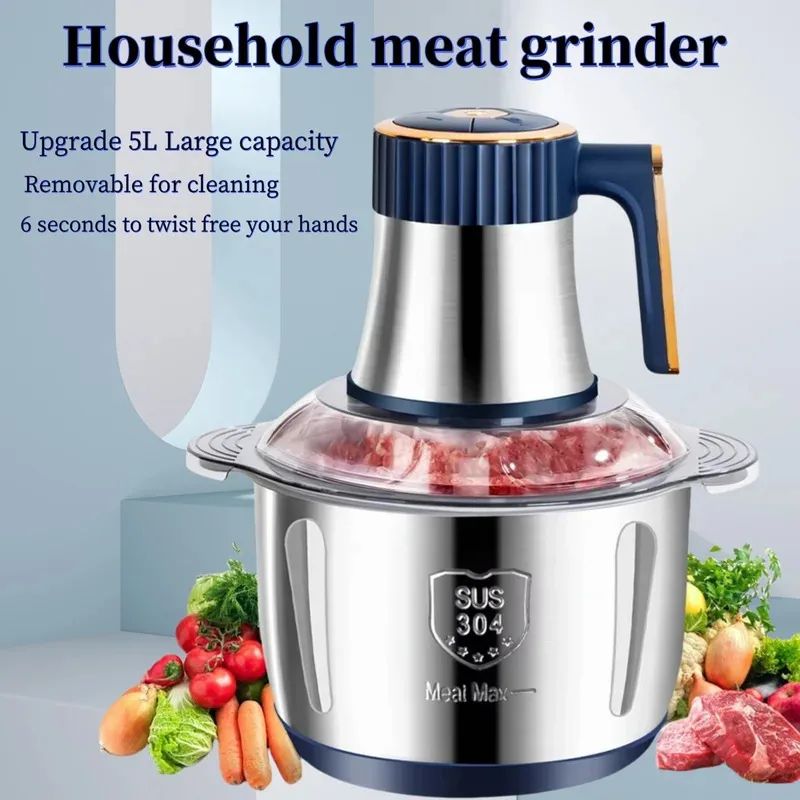 5L Stainless Steel Electric Meat Grinder & Food Chopper, Multi-Speed Vegetable Processor