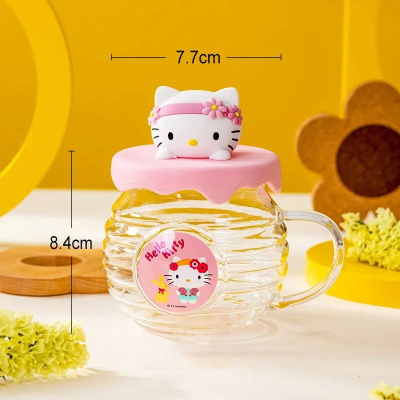 Sanrio Hello Kitty & Kuromi Honey-Can Shaped 420ML Glass Cup with Silicone Lid – Cute Kids Water & Drinkware