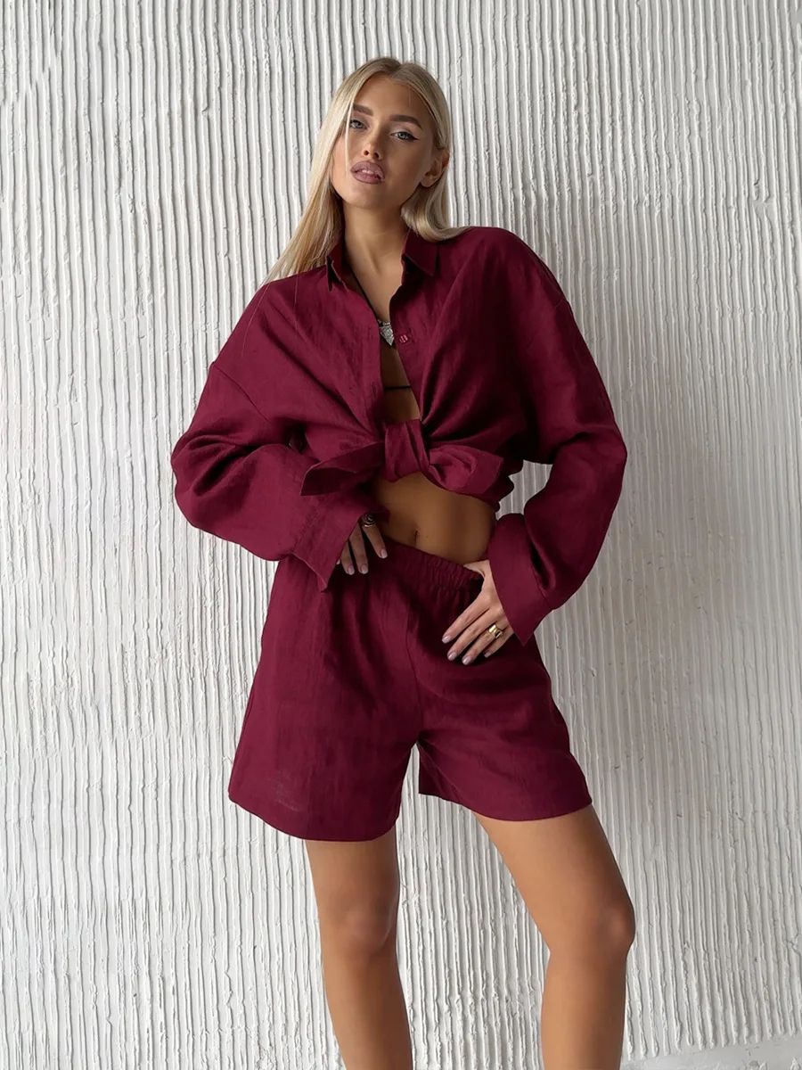 Bornladies Womens Wide Leg Pants Set - Lapel Long-Sleeve Shirt, Elastic High-Waist Trousers (Womens 2 Piece Pants Set)