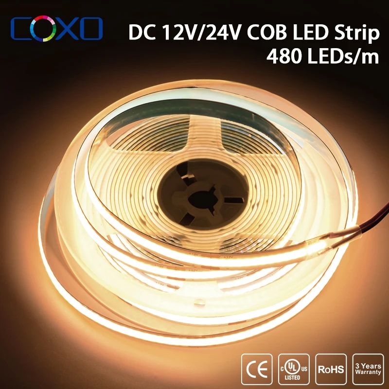 UL Listed High-Density COB LED Strip Lights 16.4ft Flexible Dimmable Tape, CRI 90, 3000K–6500K, DC12V/24V