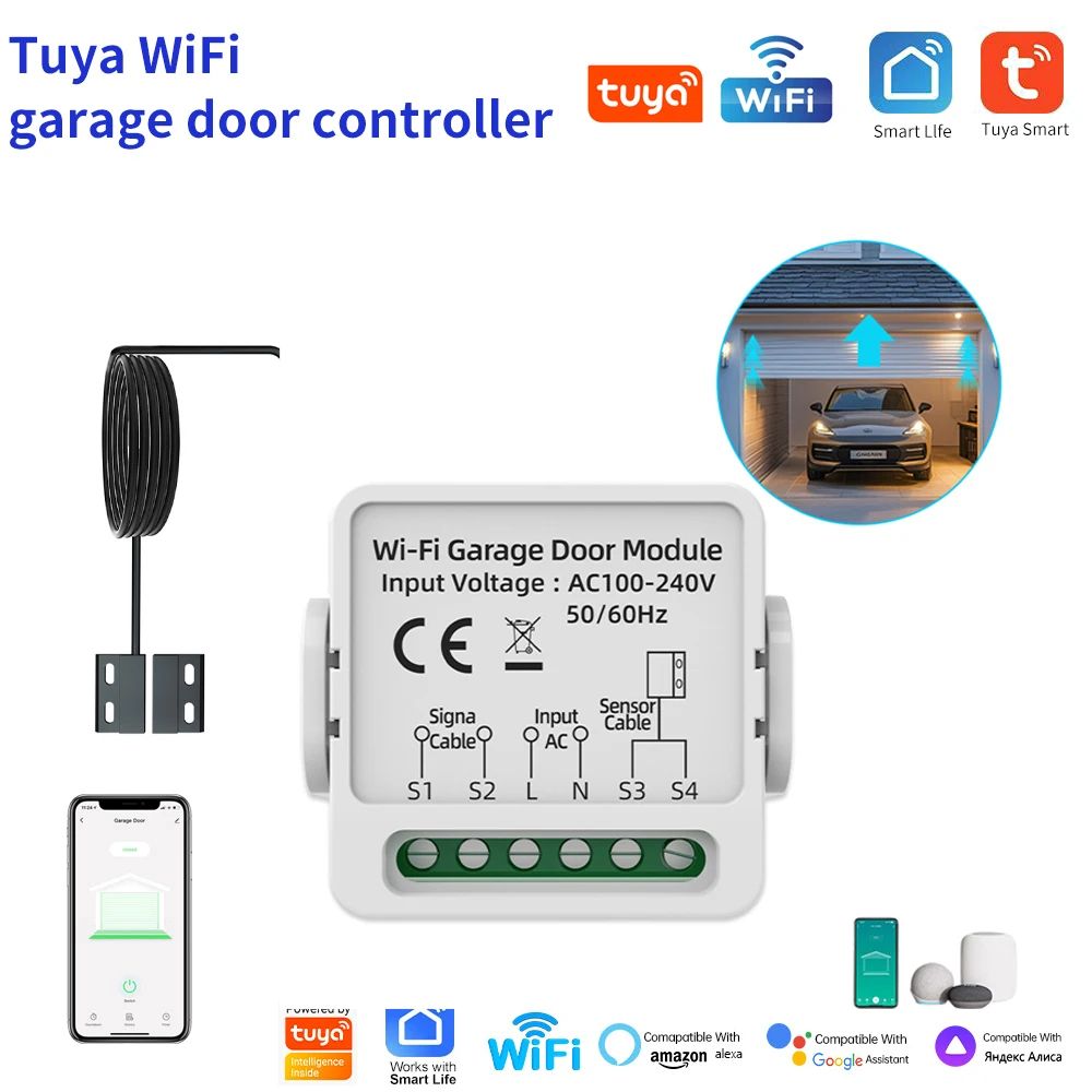 WG01 Tuya Smart Life Garage Door Opener - WiFi garage door controller with Dry Contact Switch for Alexa & Google