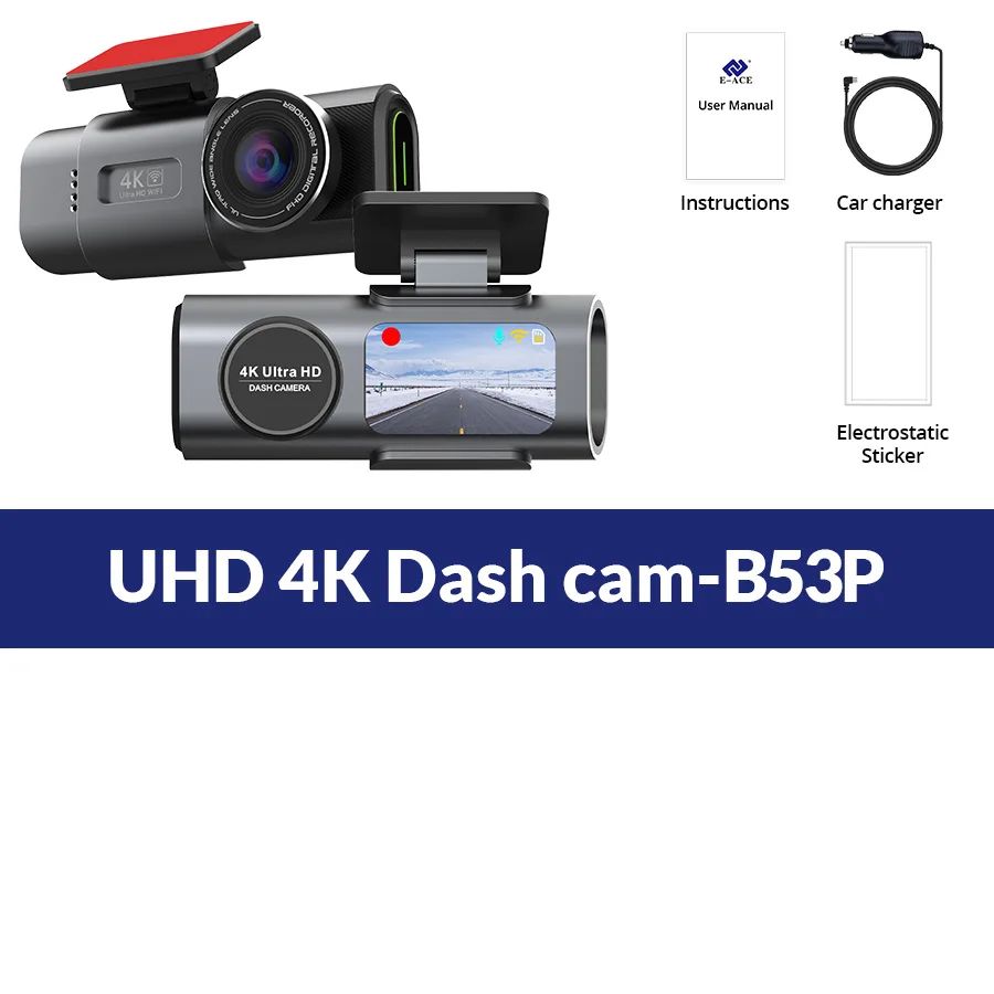 E-ACE 4K Dual Lens Dash Cam with GPS & Wi-Fi - Front & 1080P Rear Car Camera with 24H Parking Monitor
